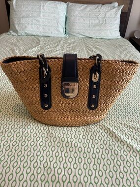Michael Kors Tan Straw Tote with Black Leather Trim and Silver Hardware